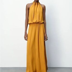 Zara Yellow maxi halter neck dress, size small.